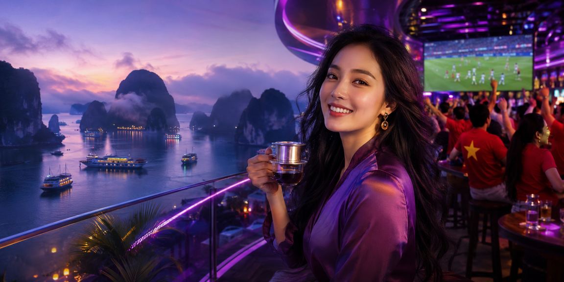 Người dùng kiểm tra bảo mật tài khoản casino khi nhìn ra vịnh Hạ Long từ thiết bị di động