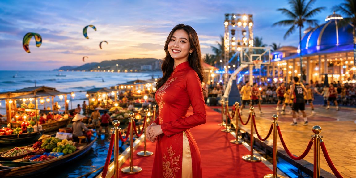 Phụ nữ Việt Nam trong trang phục áo dài theo dõi cá cược bóng rổ tại Mũi Né